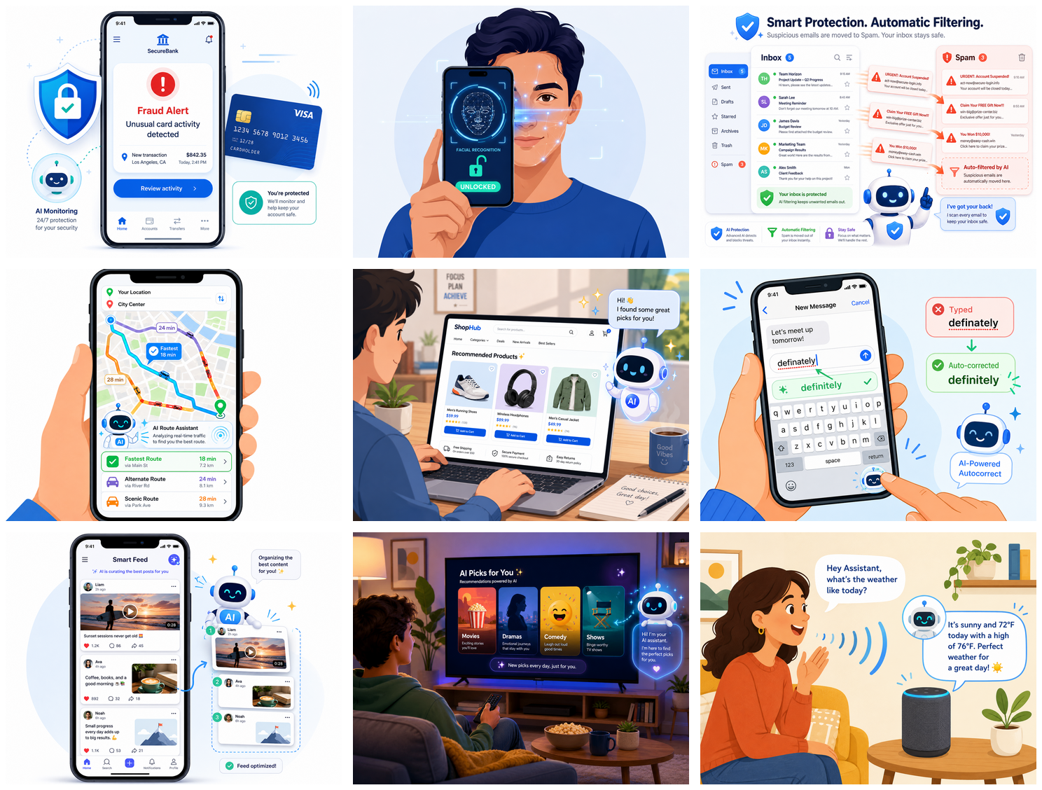 Nine everyday examples of AI in phones, maps, shopping, media, banking, and voice tools.