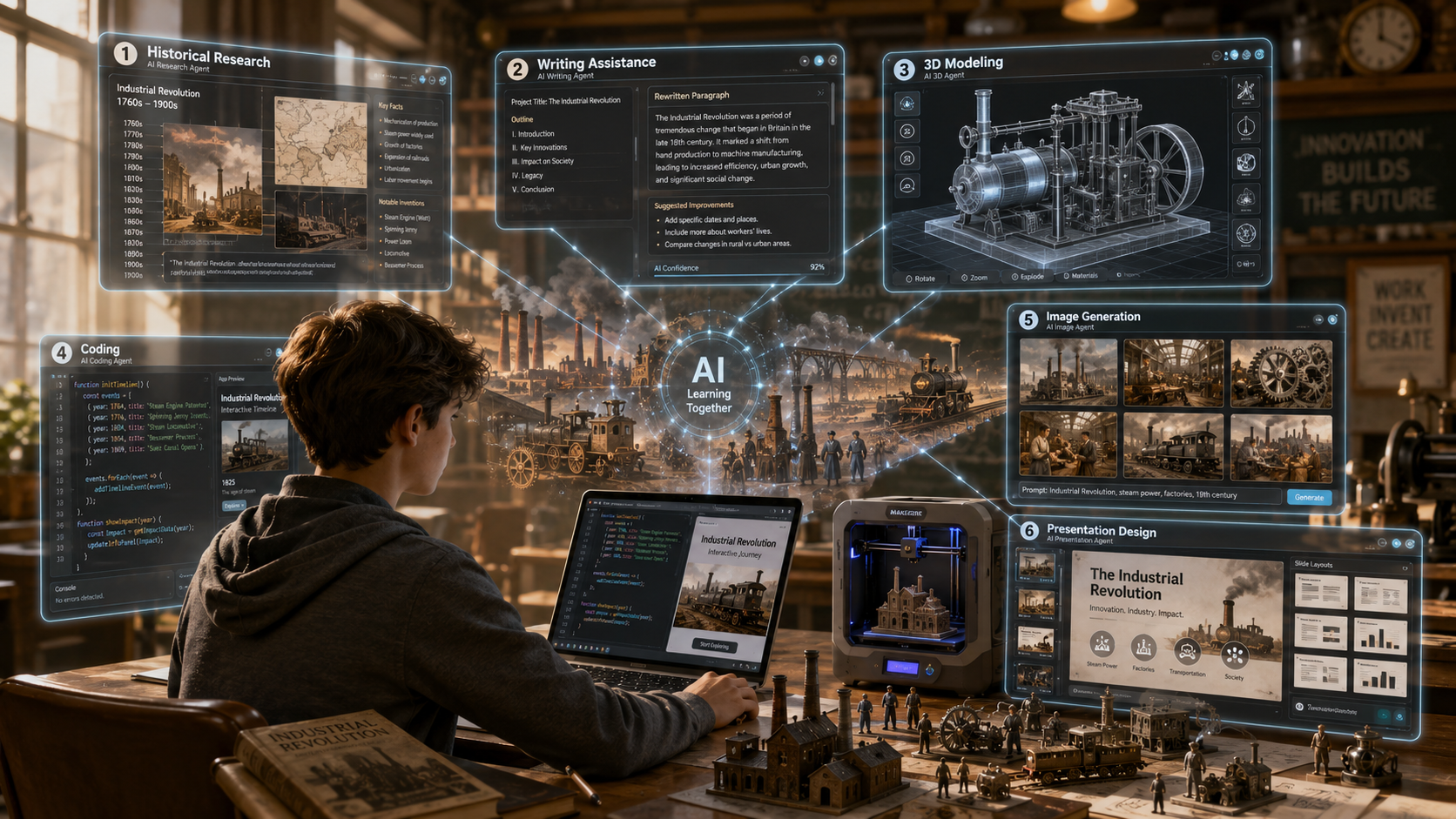 A student uses AI as a learning partner for research, writing, coding, image generation, 3D modeling, and presentation design.