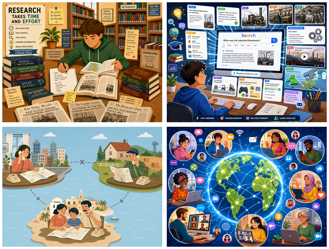 A four-panel illustration comparing life before and after widespread Internet access for research and global connection.