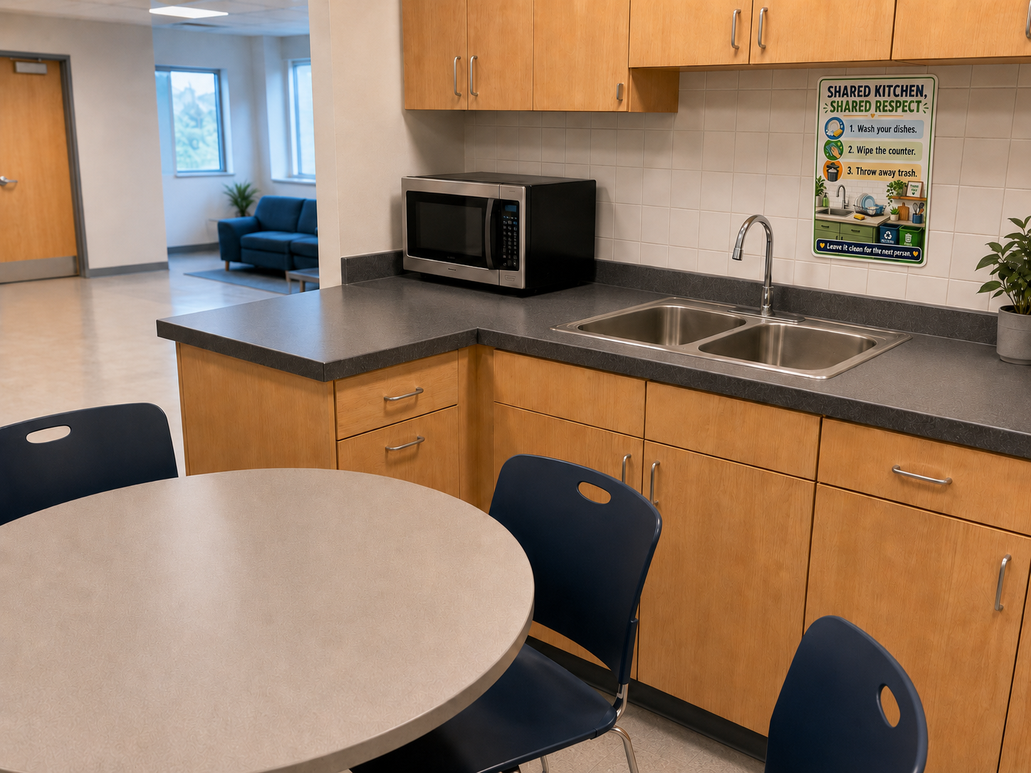 A clean shared kitchen after dishes, crumbs, and spills have been cleaned.