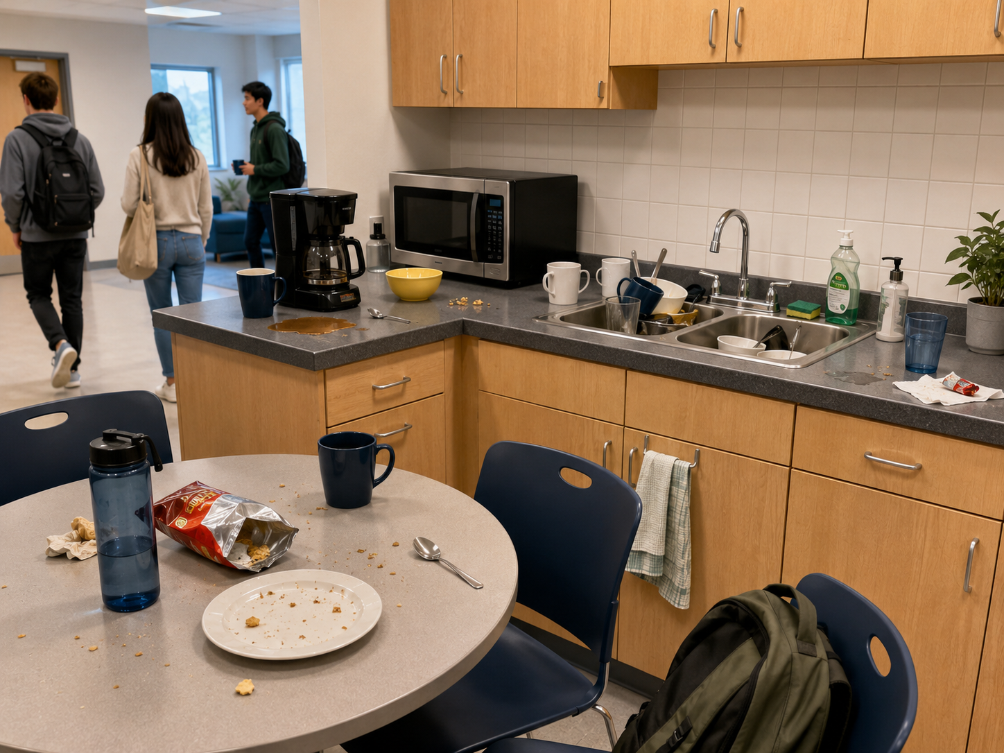 A messy shared kitchen with dirty dishes, crumbs, and spills before cleanup.