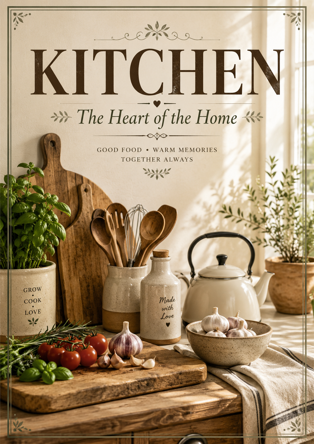 A decorative kitchen poster that says Kitchen, The Heart of the Home, but does not mention cleanup.