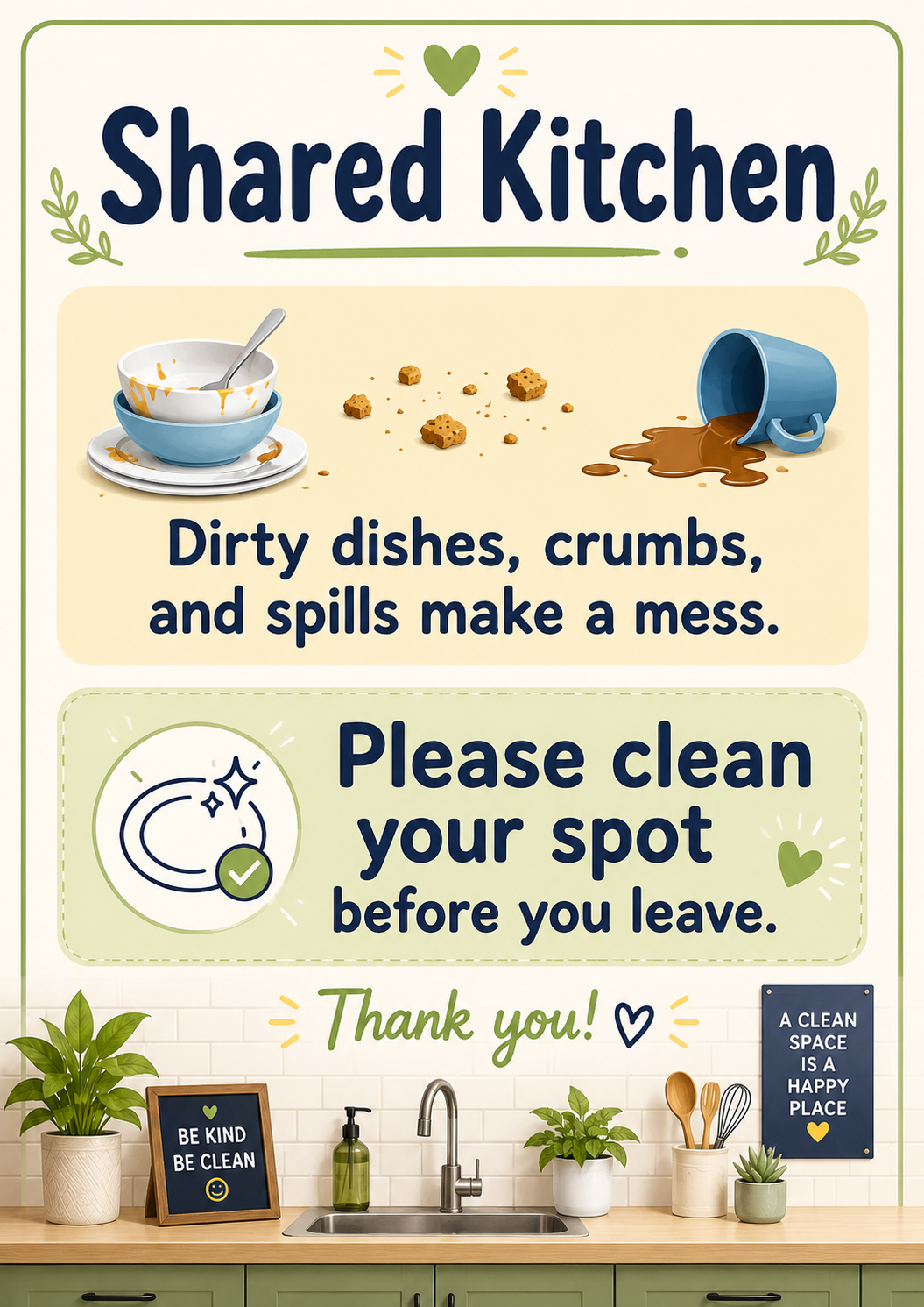 A shared kitchen poster showing dirty dishes, crumbs, and a spill with a polite cleanup message.