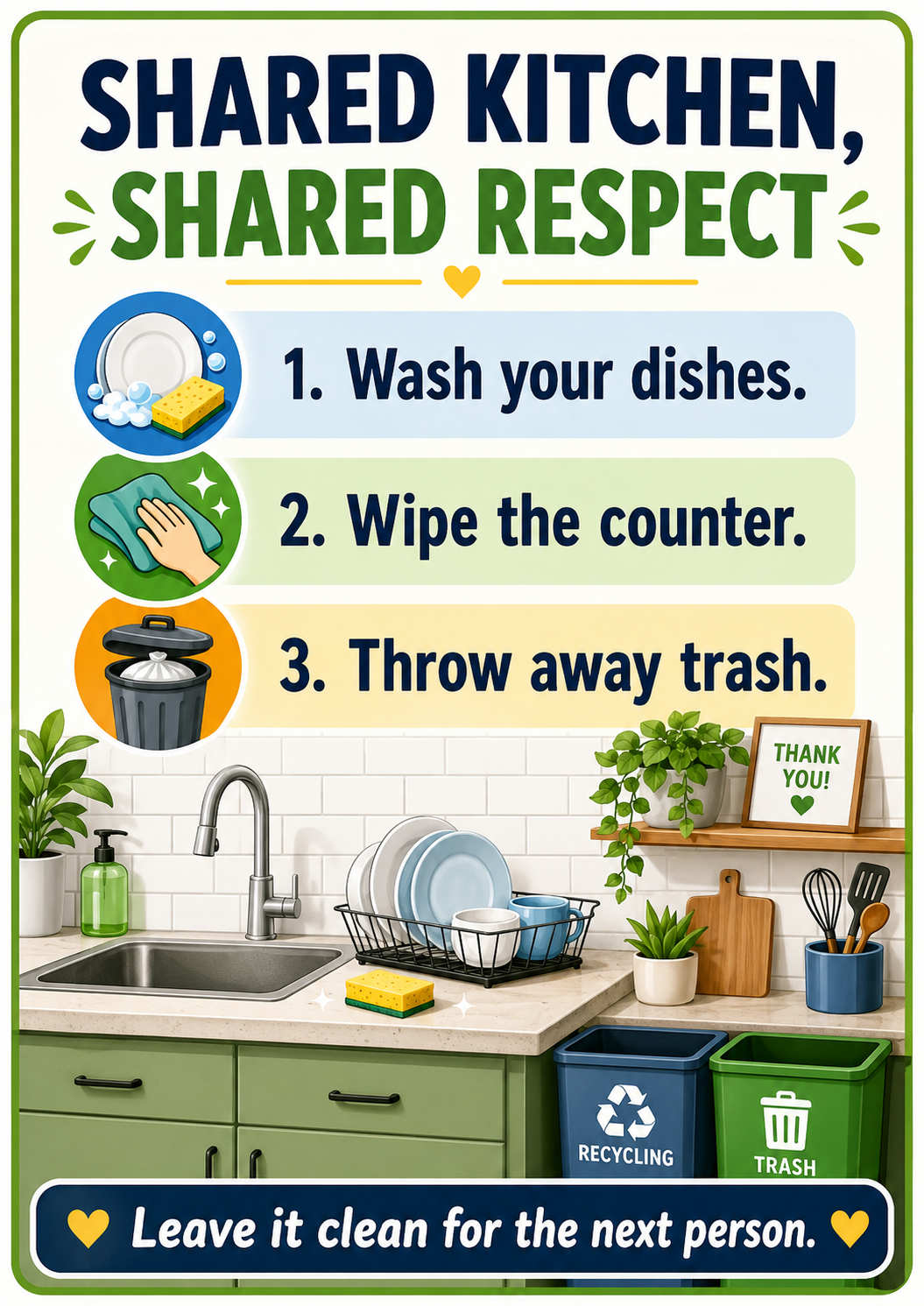 A shared kitchen cleanup poster with three action lines: wash your dishes, wipe the counter, and throw away trash.