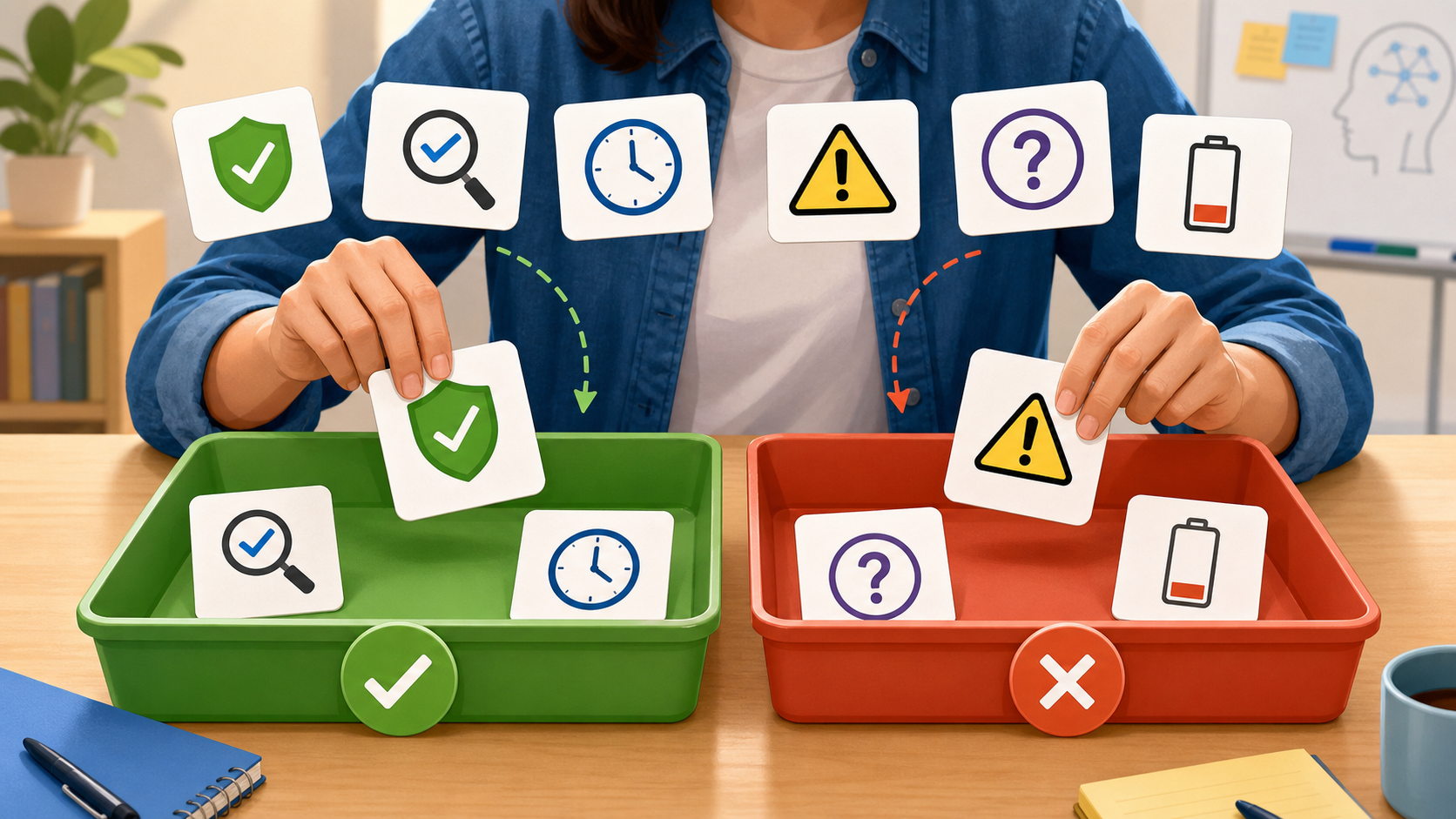 A learner sorts suggestion cards into a green accept tray and a red reject tray using evidence and verification icons.