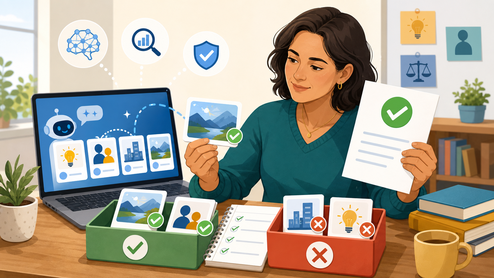 A laptop offers suggestion cards while an adult learner checks them, accepts some, rejects others, and keeps the final decision paper.
