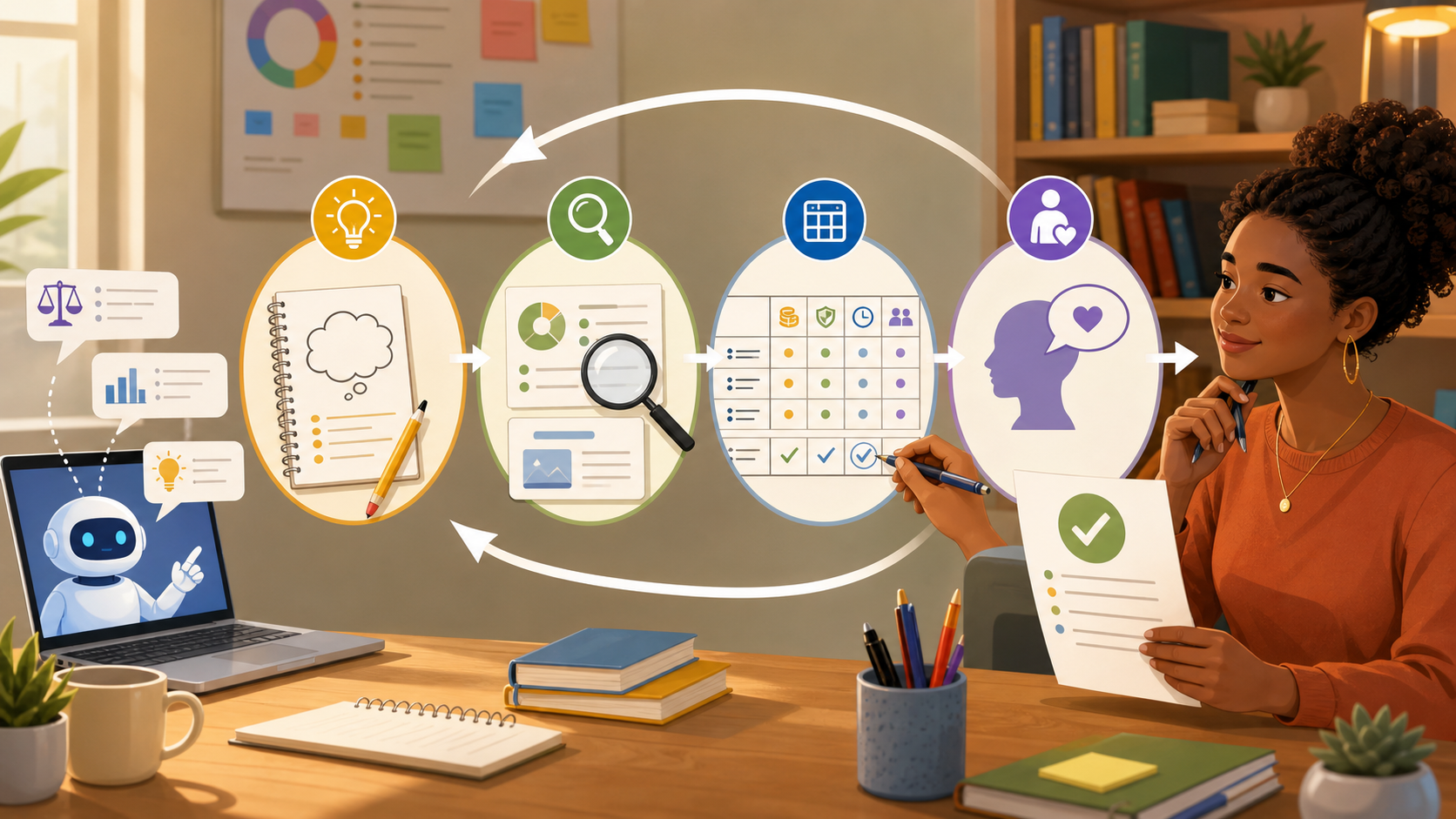 An adult learner moves through a decision revision cycle: draft an idea, check evidence, revise a matrix, and explain the final decision while AI suggestions stay advisory.