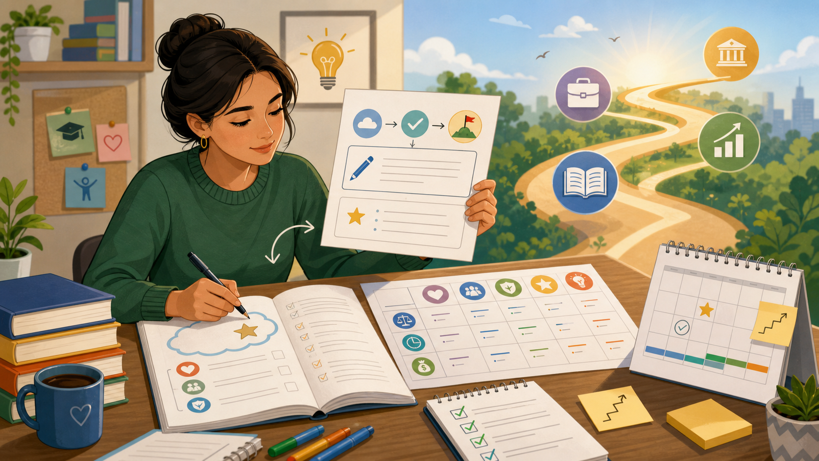 An adult learner revises a safe dream decision with a workbook, decision matrix, prompt page, calendar, checklist, books, and a path toward study or career goals.