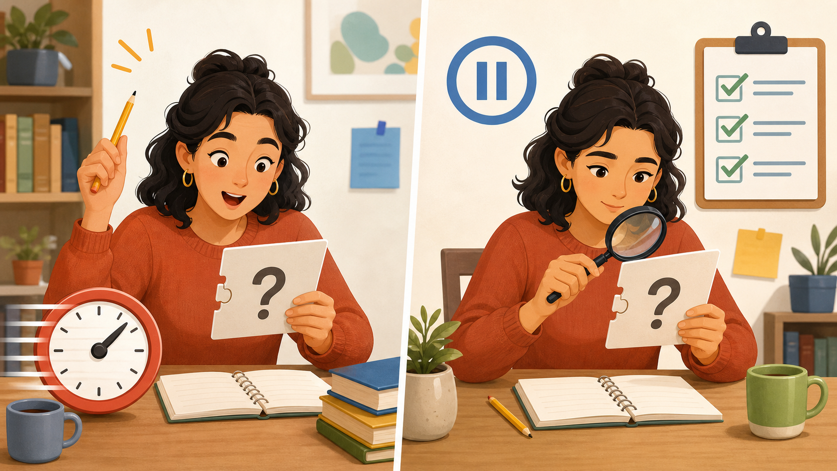 A student answers quickly on one side, then pauses, rereads, and checks the same question on the other side.