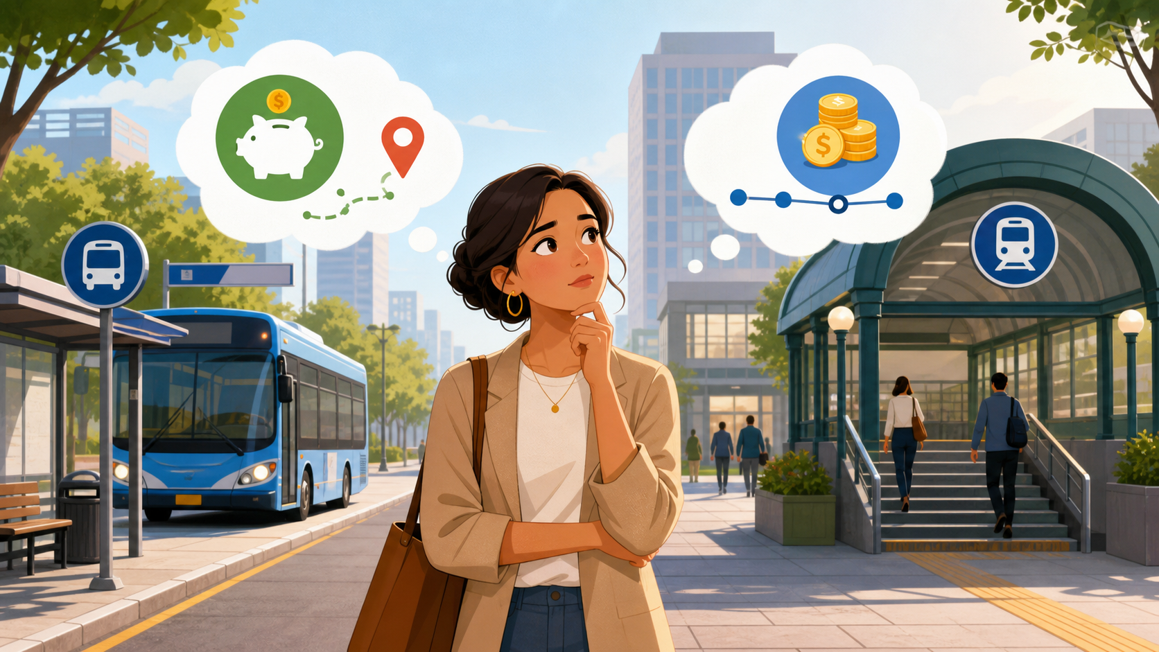 Maria stands between a bus stop and a train or subway station, comparing the commute options before deciding.