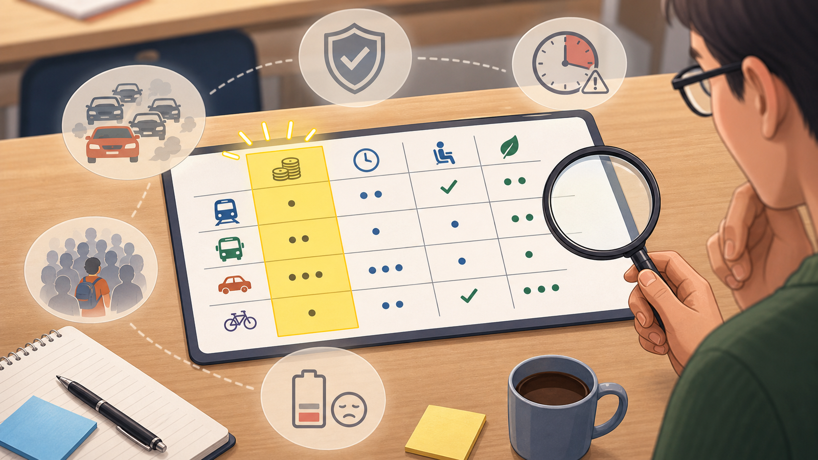 A decision matrix highlights cost while faded icons show missing factors such as traffic, reliability, late risk, crowding, and energy.