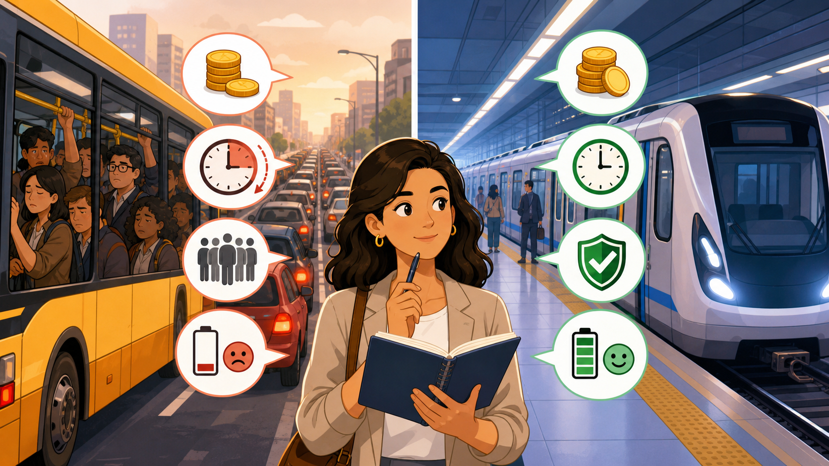 A split commute comparison shows a bus delayed in traffic and a train or subway moving more reliably while Maria compares evidence.