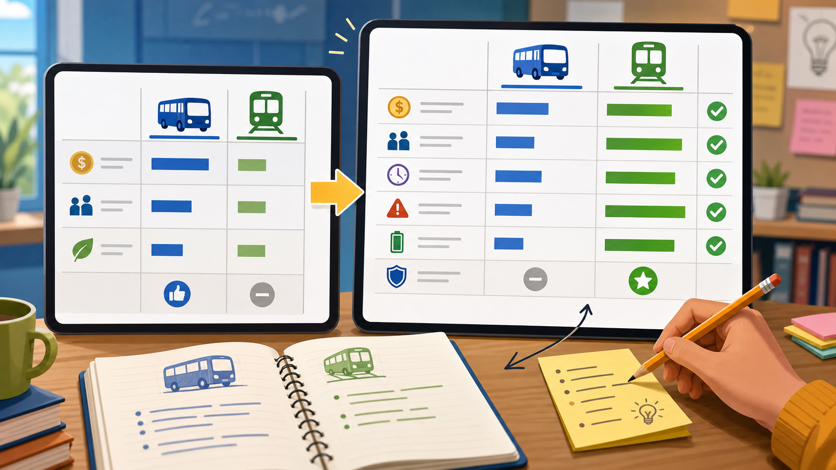 A before-and-after matrix revision shows a simple first score board and a revised score board with more criteria, making the train or subway stronger.