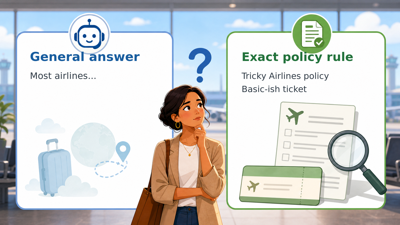 Maria compares a general AI answer with an exact Tricky Airlines policy and Basic-ish ticket rule.