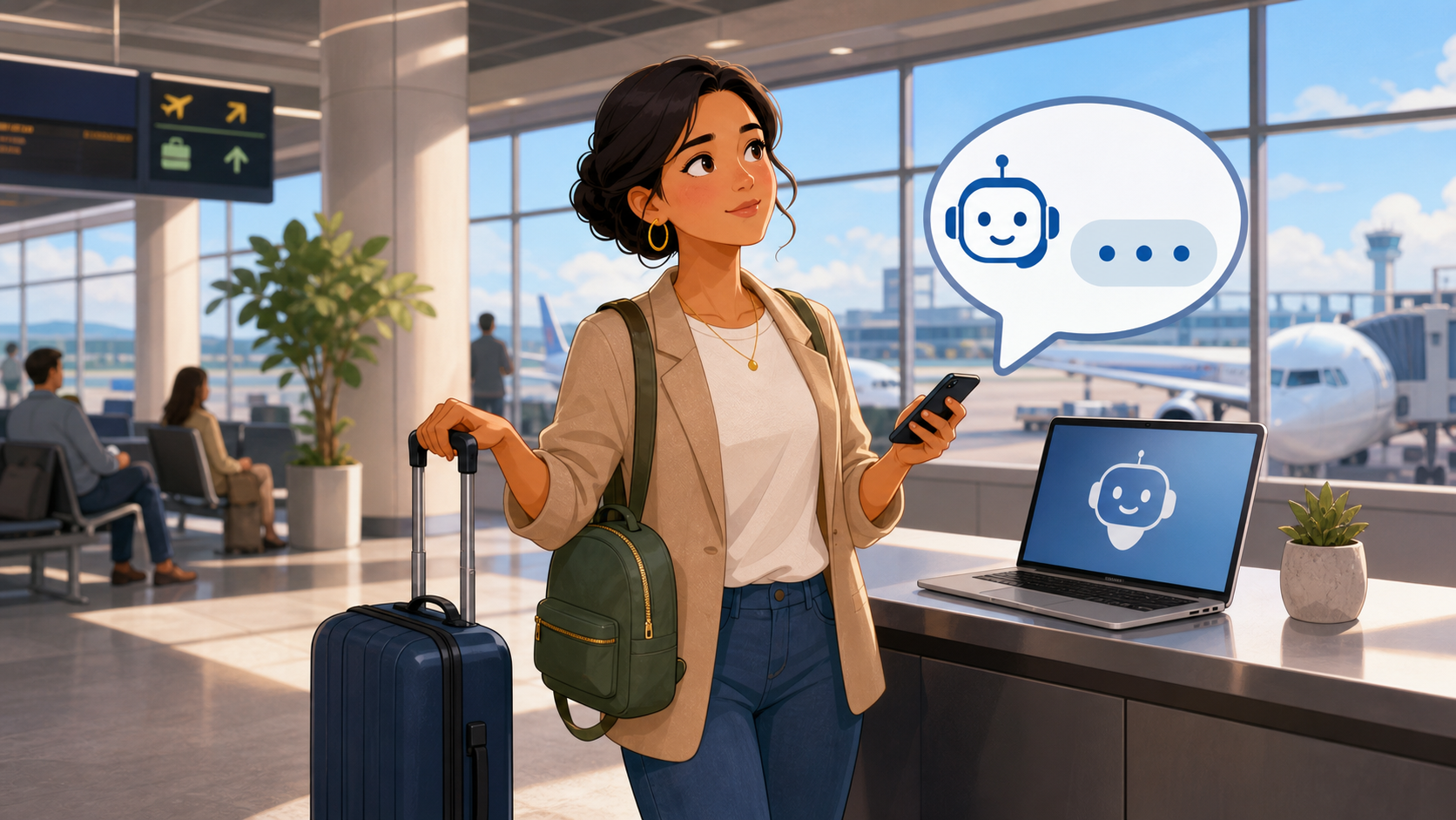 Maria stands in an airport with a small backpack, a carry-on suitcase, and an AI chat bubble, showing that her two bags need the exact airline rule.