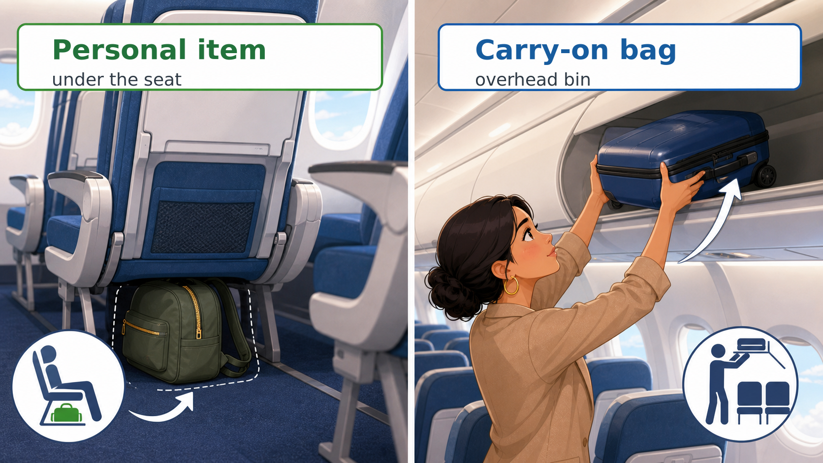 A backpack fits under an airplane seat as a personal item, while a rolling suitcase goes in the overhead bin as a carry-on bag.