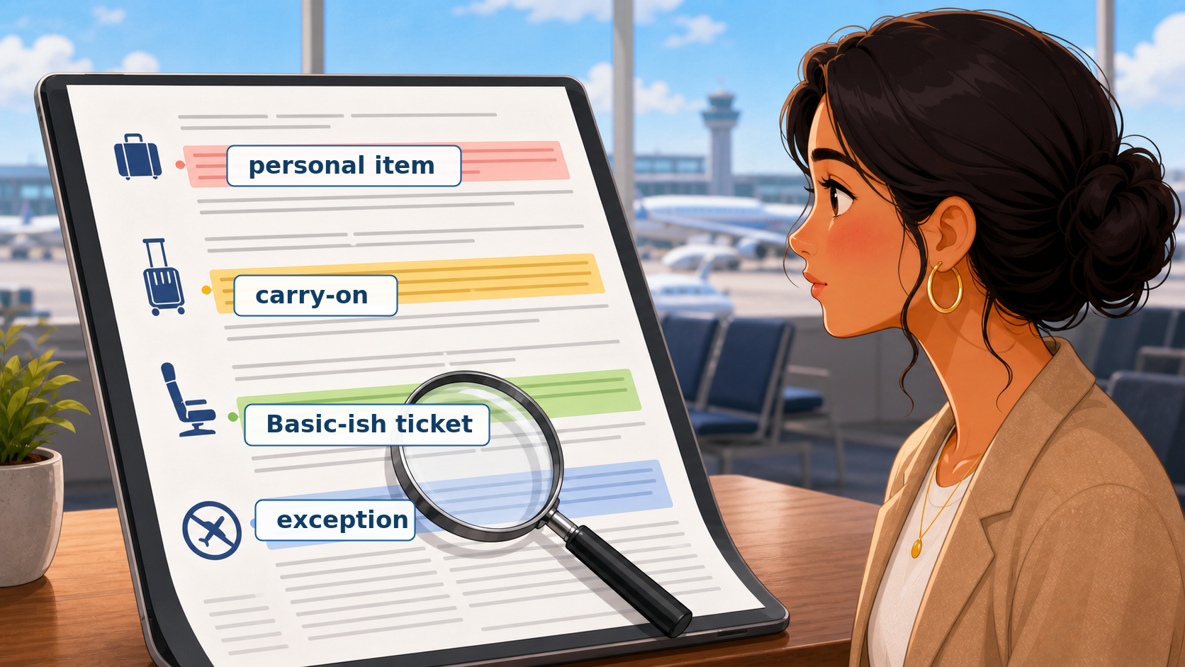 Maria uses a magnifying glass to search a long airline policy for key words such as personal item, carry-on, Basic-ish, and exception.