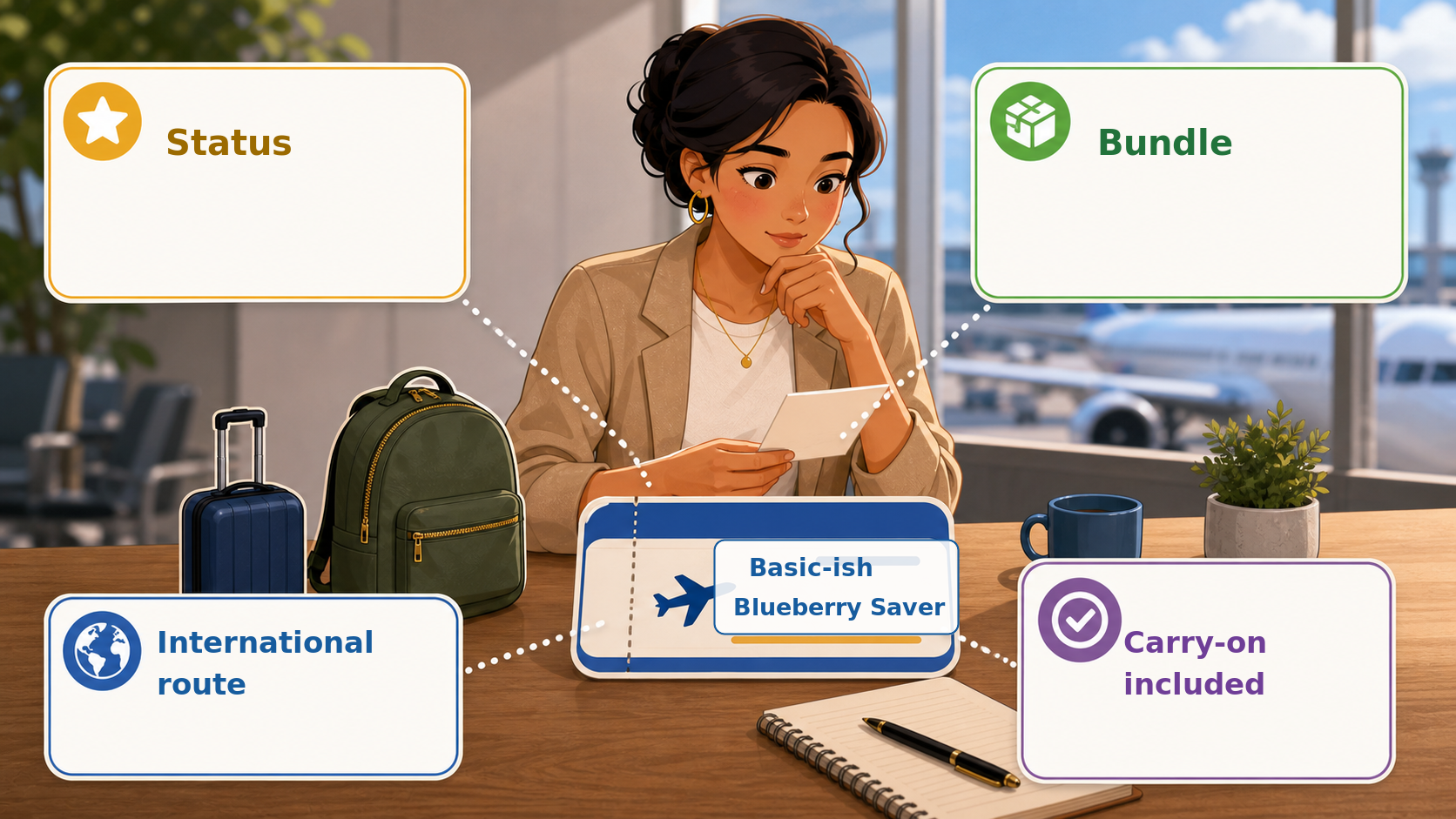 Maria checks a Basic-ish Blueberry Saver ticket and possible carry-on exceptions such as status, bundle, international route, and carry-on included.