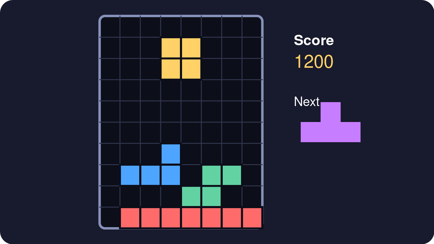 Colored geometric blocks fall into a grid with a score and next-piece area.