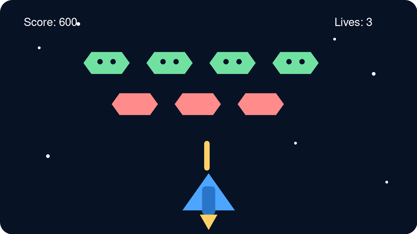 A geometric player ship fires at rows of descending geometric enemies while score and lives remain visible.